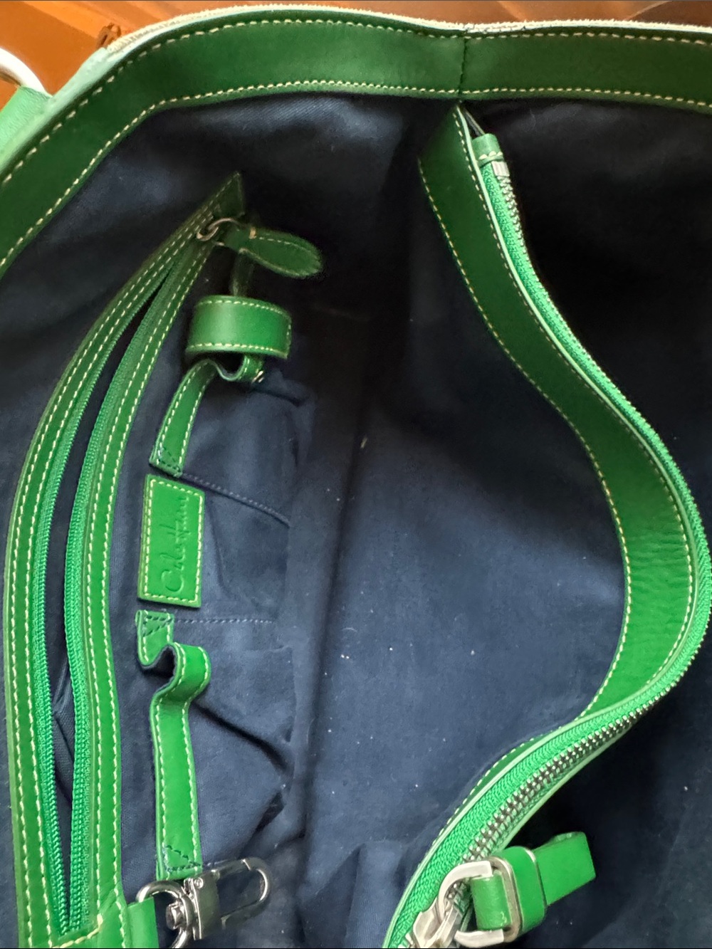 Cole Haan Beige Canvas Tote with Green Leather Trim - Picture 11 of 13